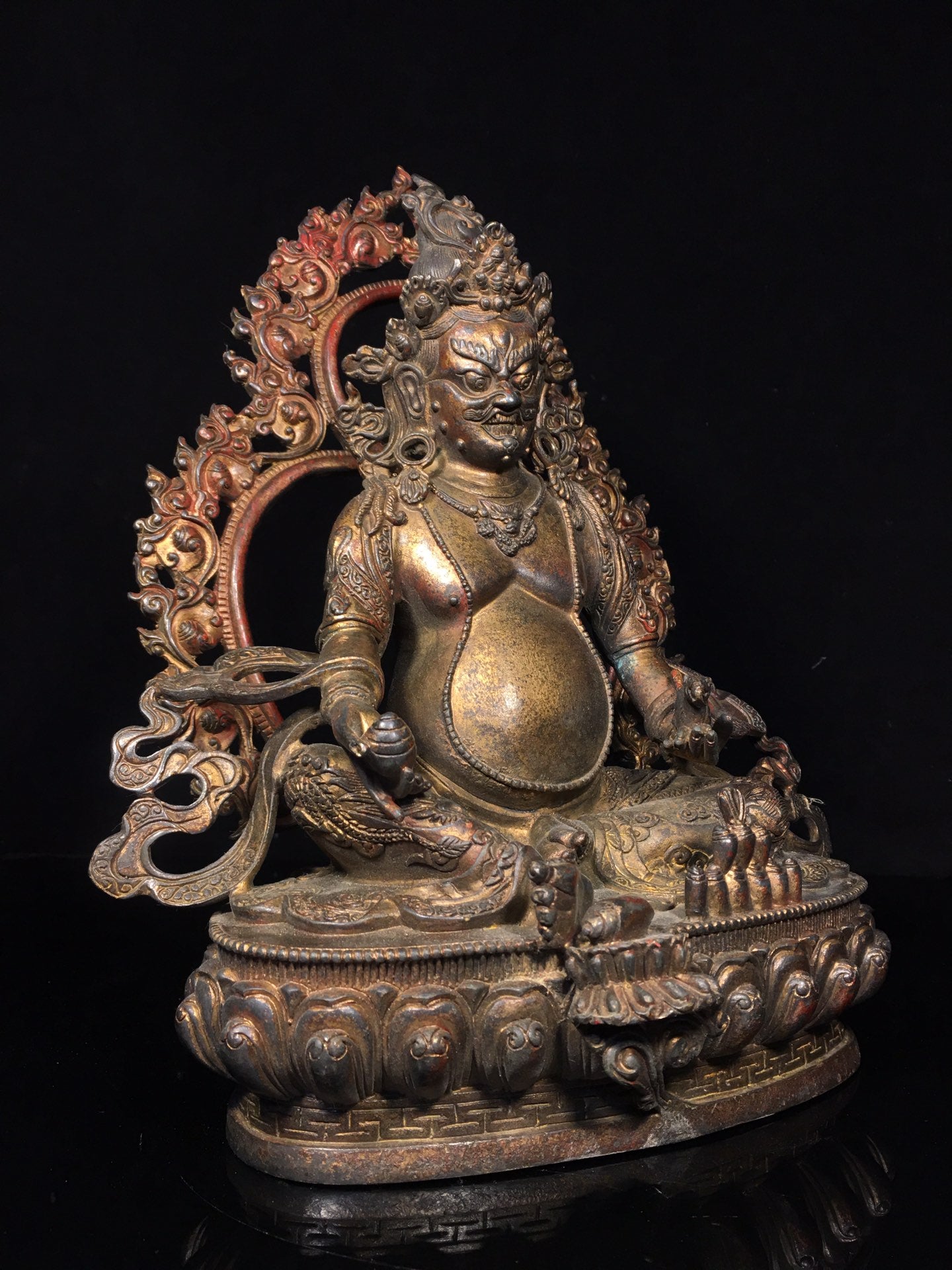 A0322 Vintage Tibetan Gilt Gold Bronze Yellow Jambhala Statue