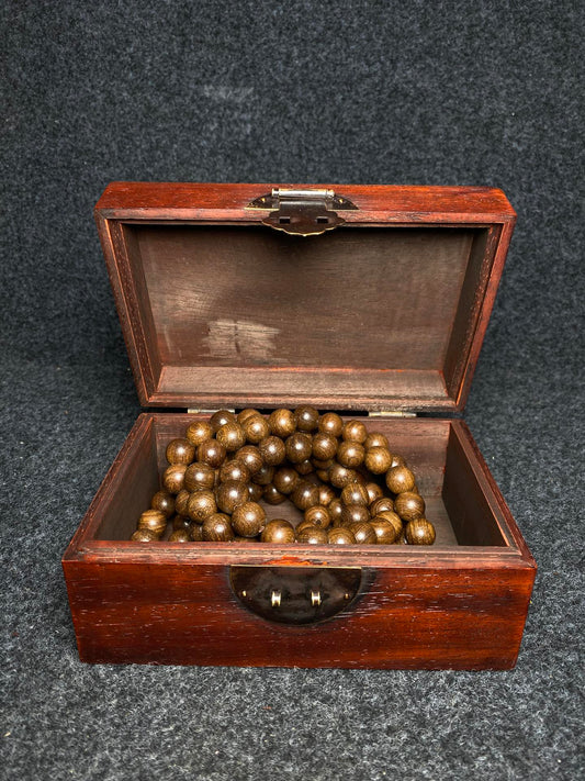 A0325 14 MM Bead Chinese Zitan Wood Beads Necklace w Huali Wood Box