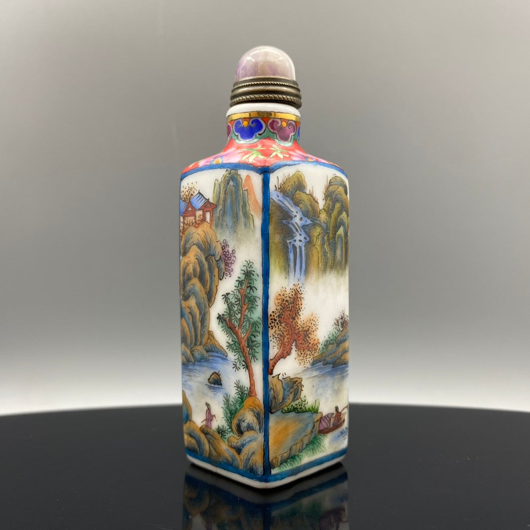 A0326 Chinese Peking Glass Famille Rose Mountain River Scene Design Snuff Bottle