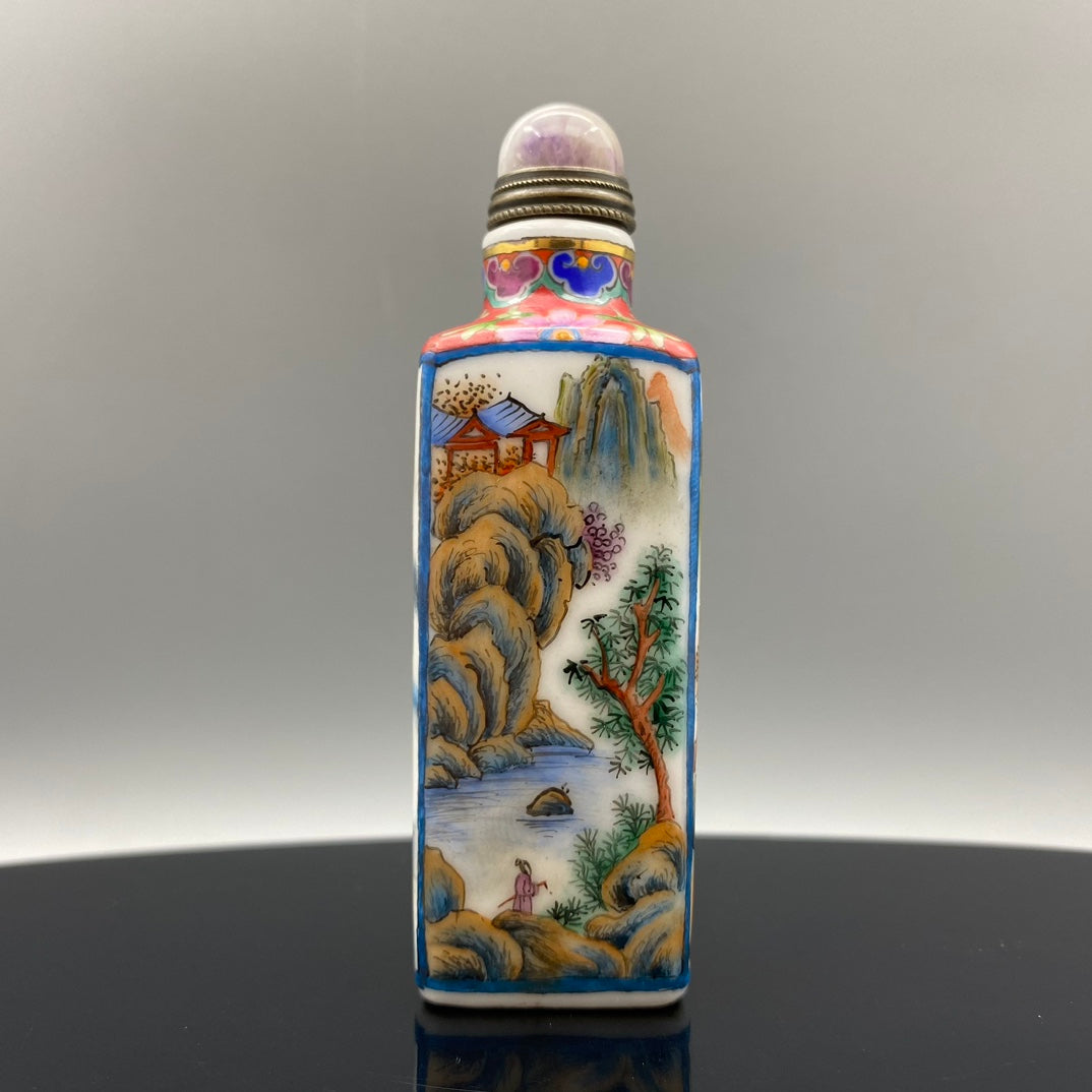 A0326 Chinese Peking Glass Famille Rose Mountain River Scene Design Snuff Bottle