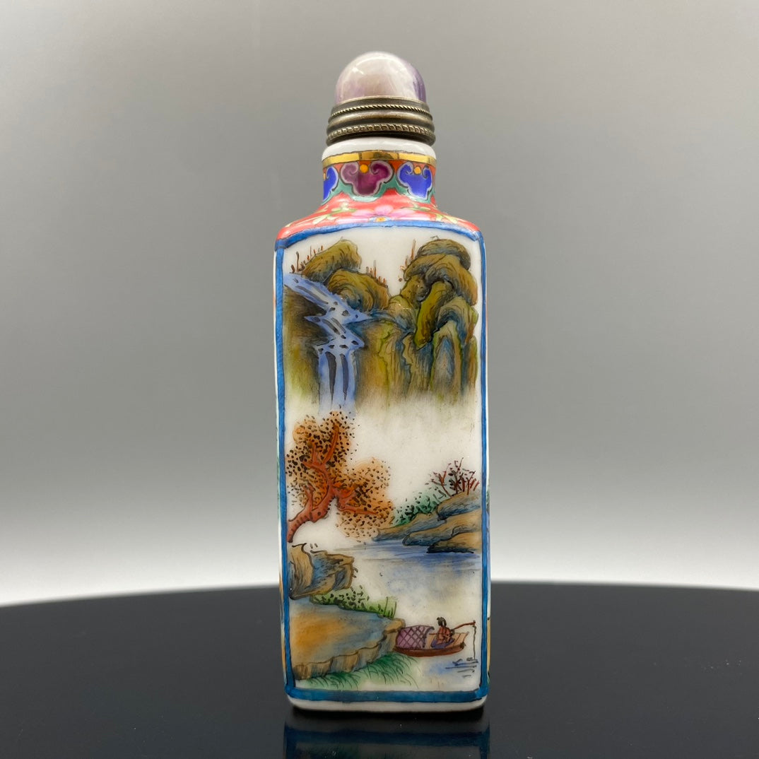 A0326 Chinese Peking Glass Famille Rose Mountain River Scene Design Snuff Bottle