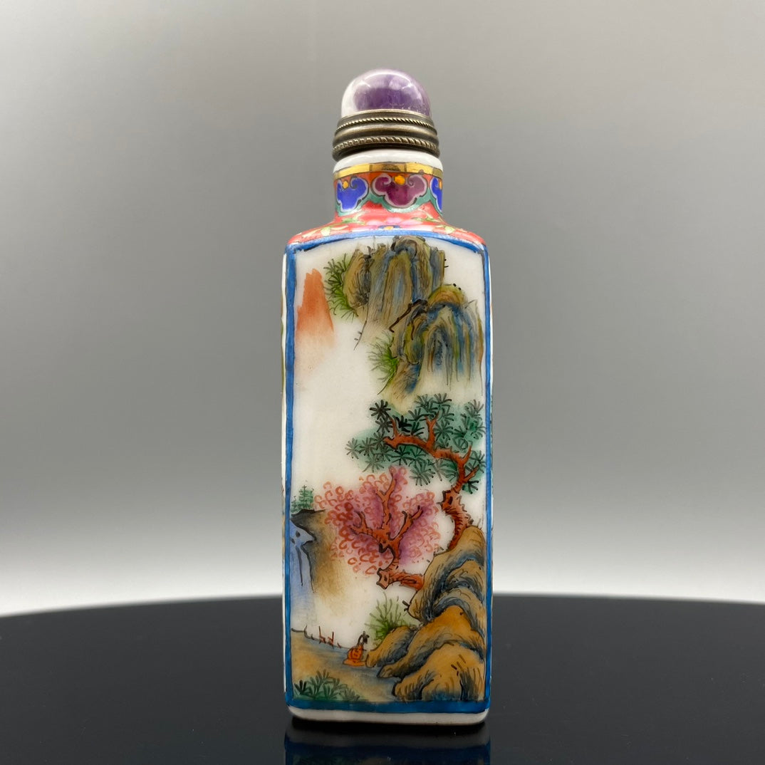 A0326 Chinese Peking Glass Famille Rose Mountain River Scene Design Snuff Bottle