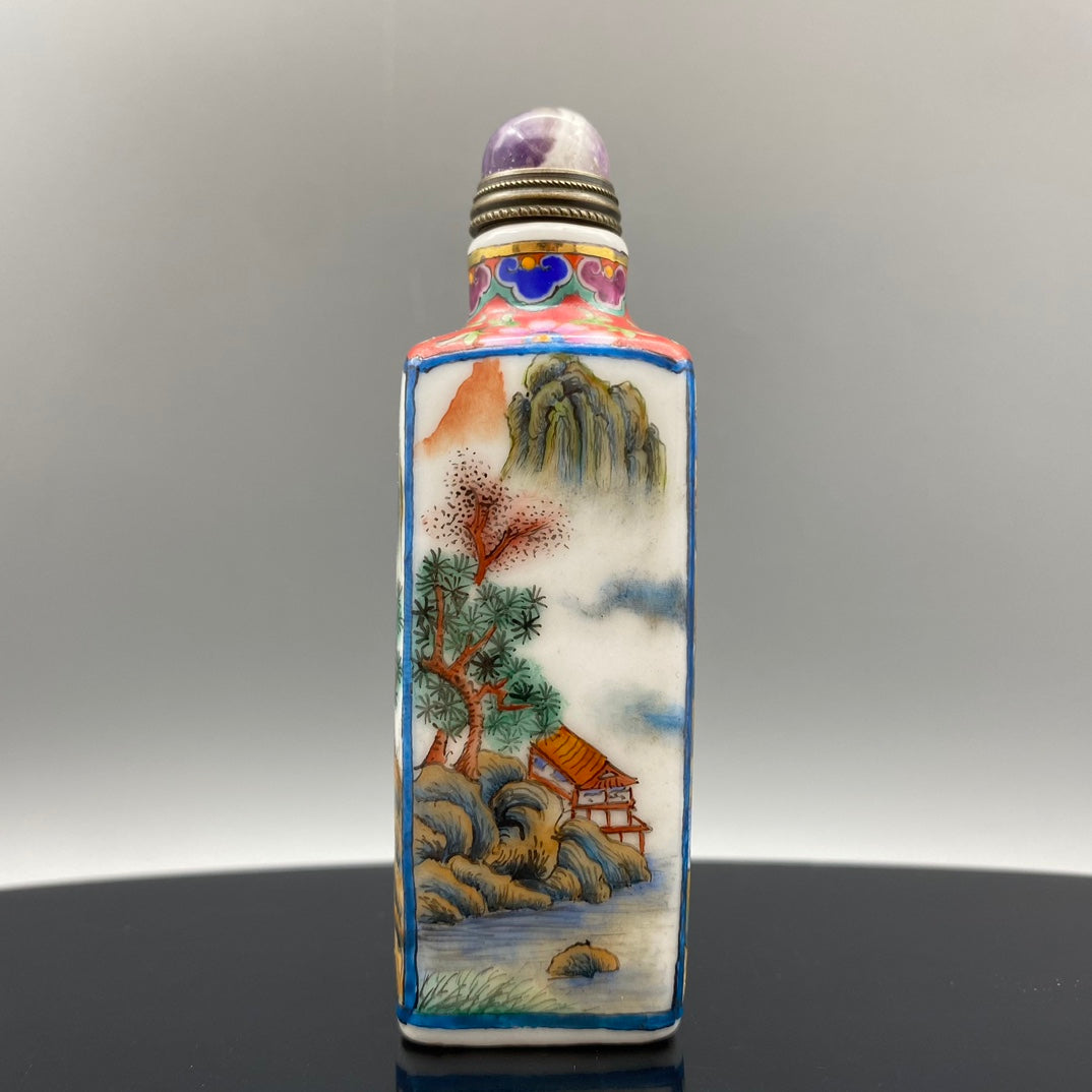 A0326 Chinese Peking Glass Famille Rose Mountain River Scene Design Snuff Bottle