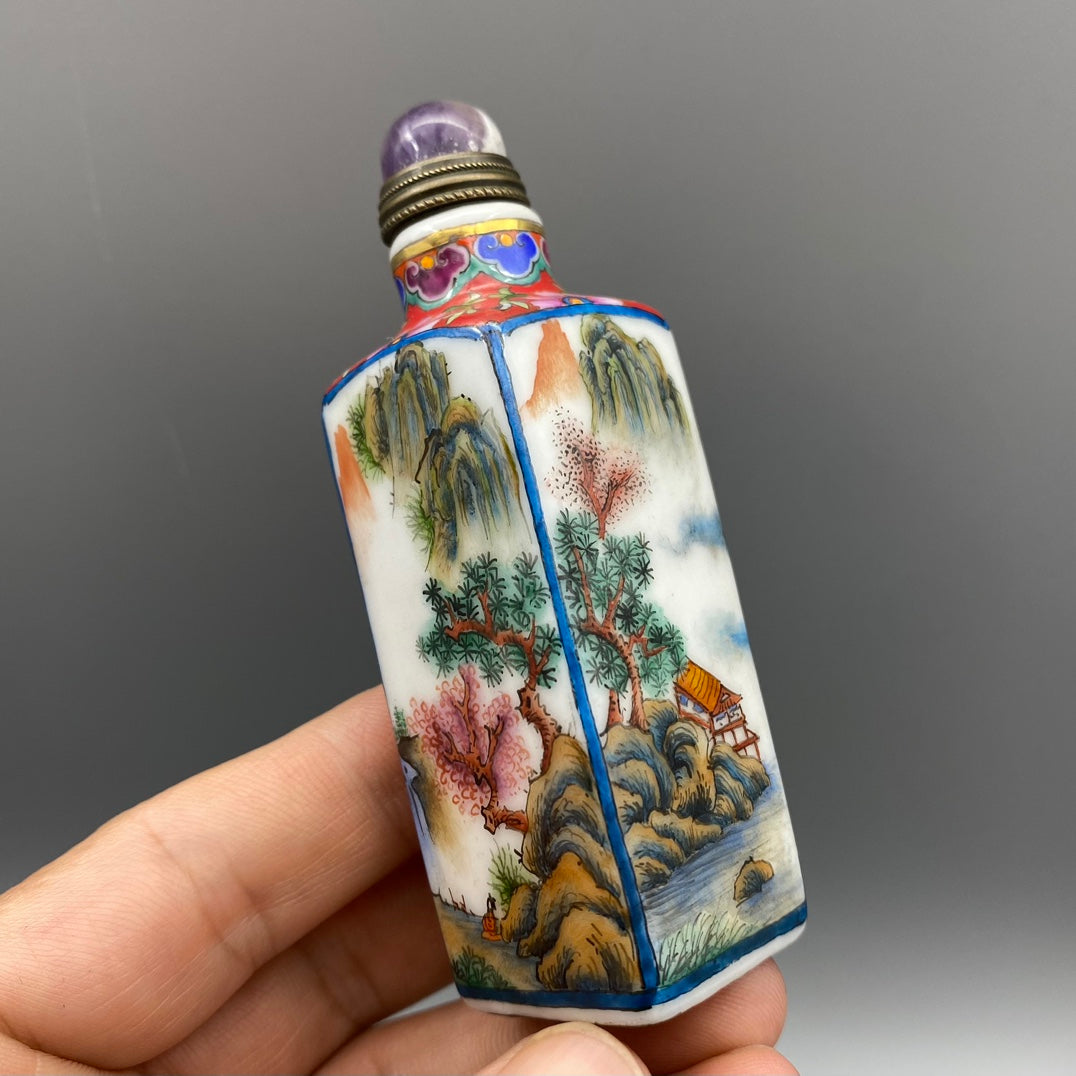 A0326 Chinese Peking Glass Famille Rose Mountain River Scene Design Snuff Bottle