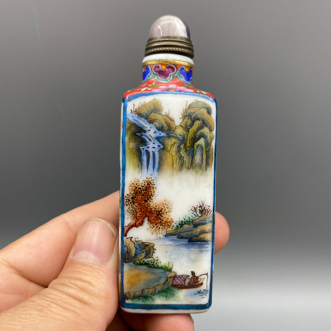 A0326 Chinese Peking Glass Famille Rose Mountain River Scene Design Snuff Bottle