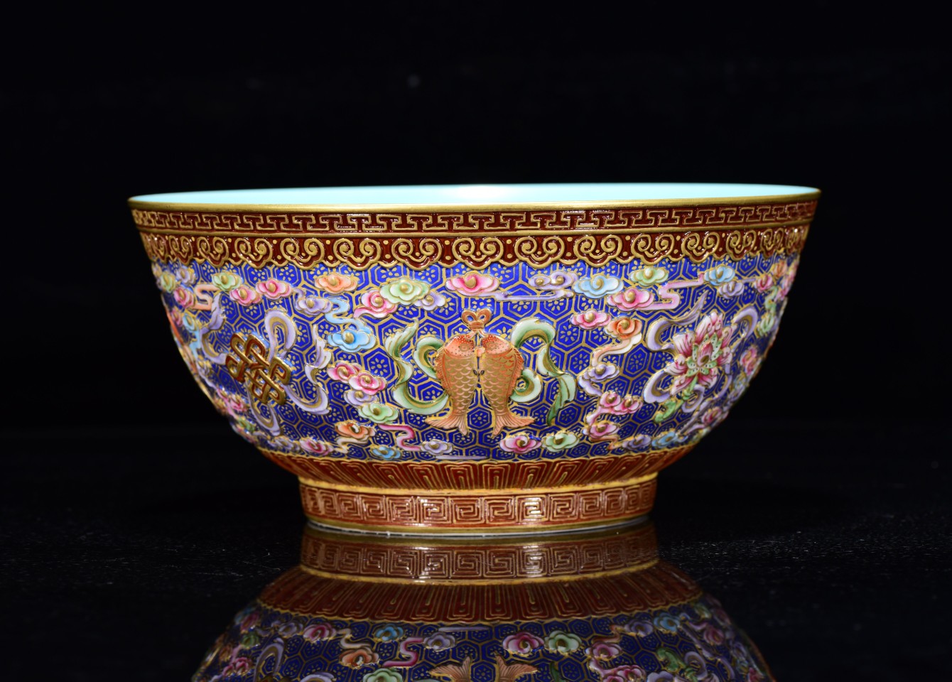 A0329 Chinese Gilt Gold Low Relief Famille Rose Eight Treasures Design Bowl