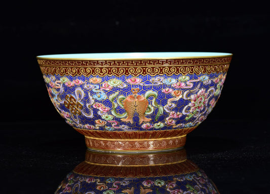 A0329 Chinese Gilt Gold Low Relief Famille Rose Eight Treasures Design Bowl