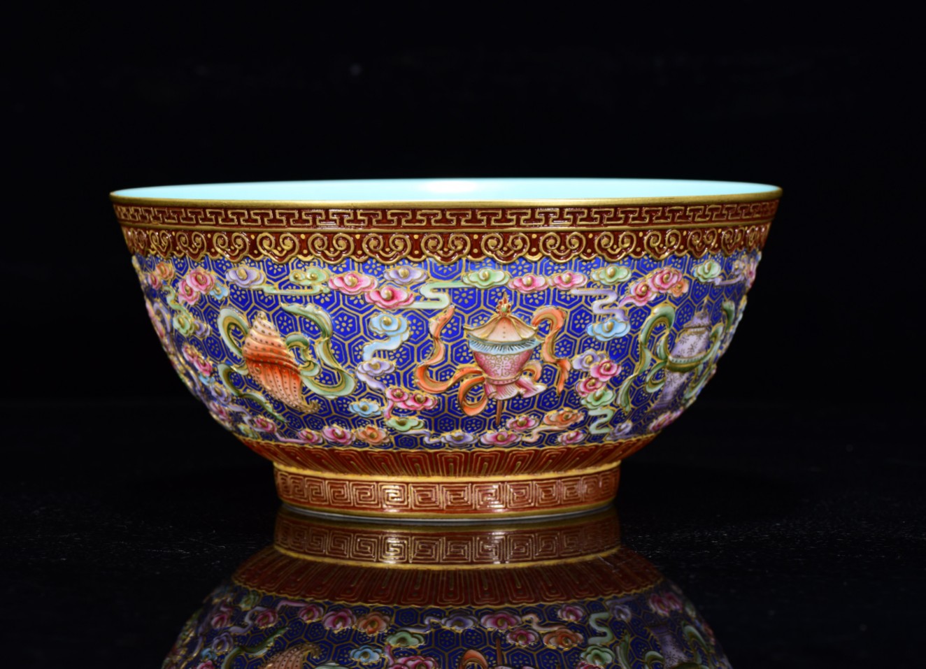 A0329 Chinese Gilt Gold Low Relief Famille Rose Eight Treasures Design Bowl