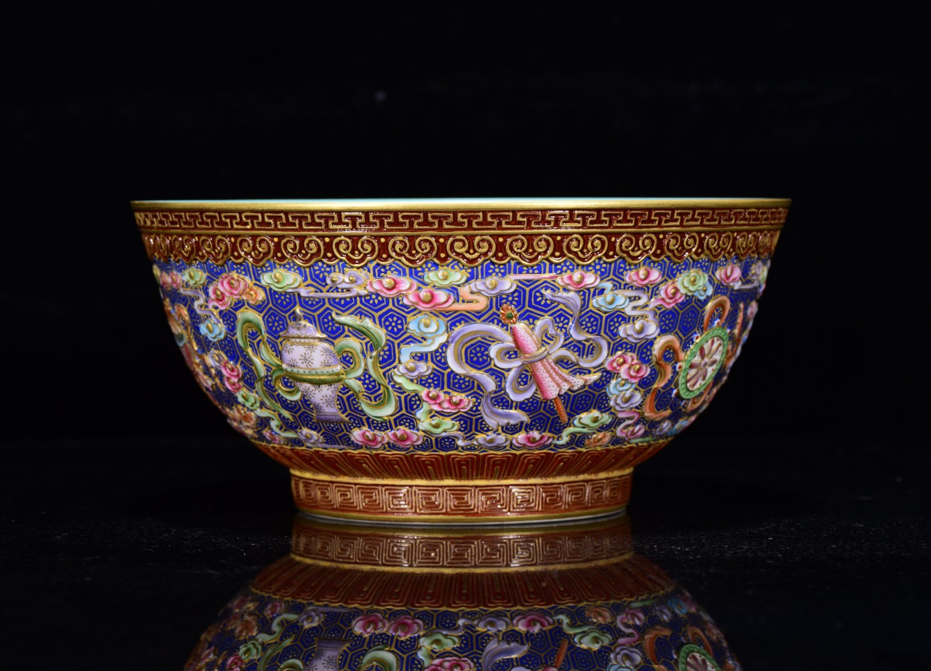 A0329 Chinese Gilt Gold Low Relief Famille Rose Eight Treasures Design Bowl