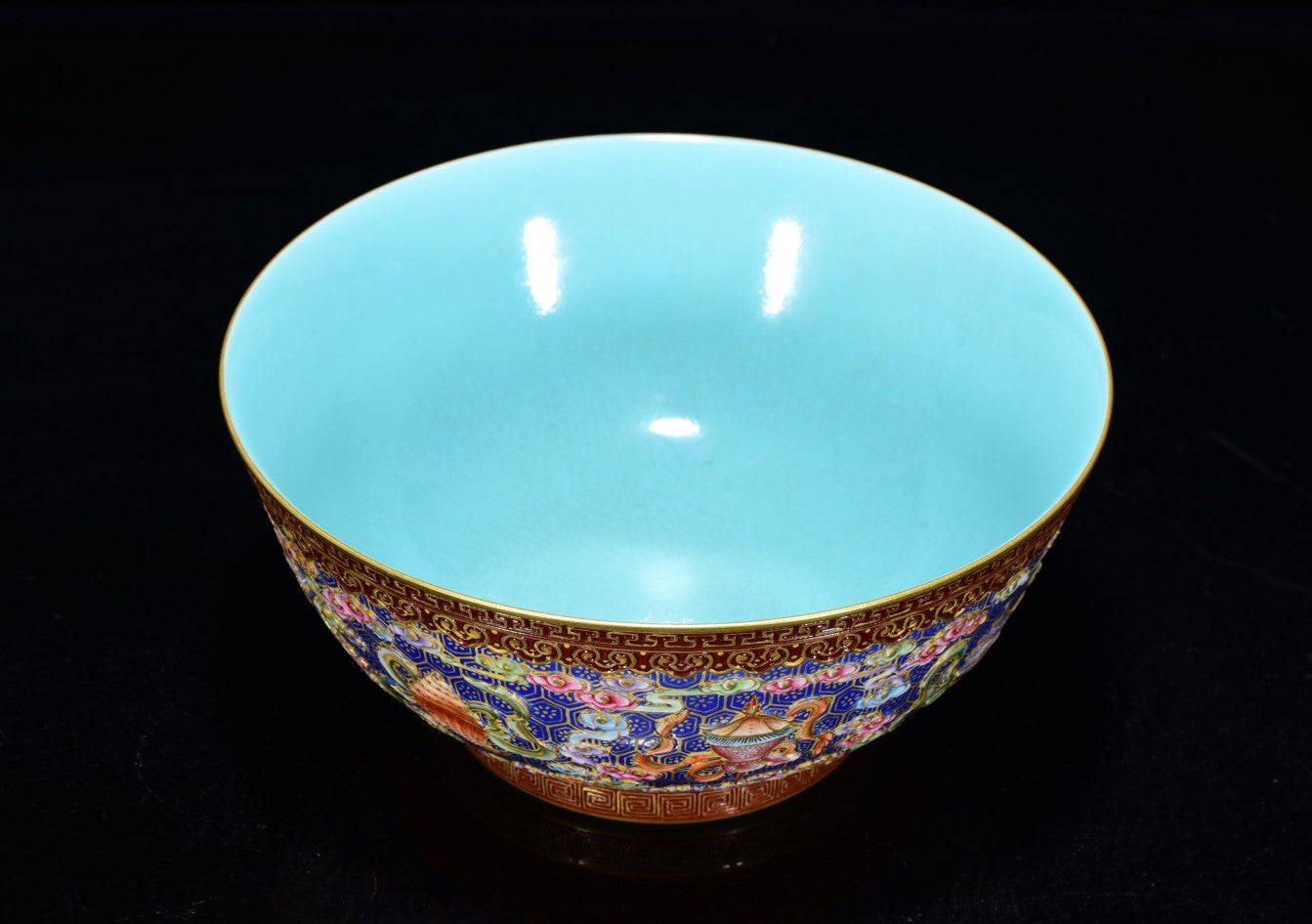 A0329 Chinese Gilt Gold Low Relief Famille Rose Eight Treasures Design Bowl