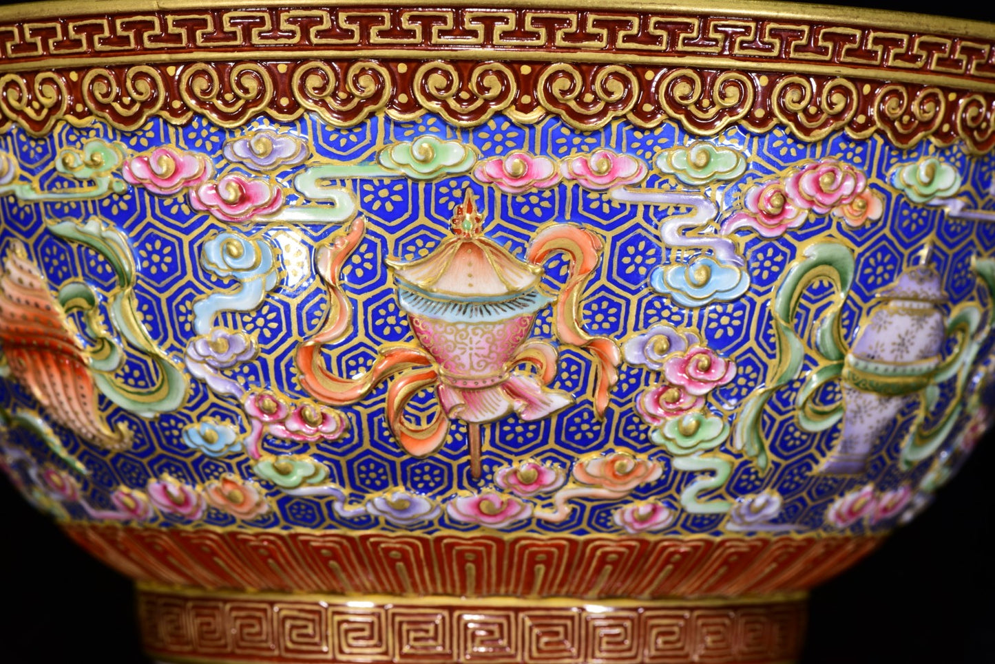 A0329 Chinese Gilt Gold Low Relief Famille Rose Eight Treasures Design Bowl