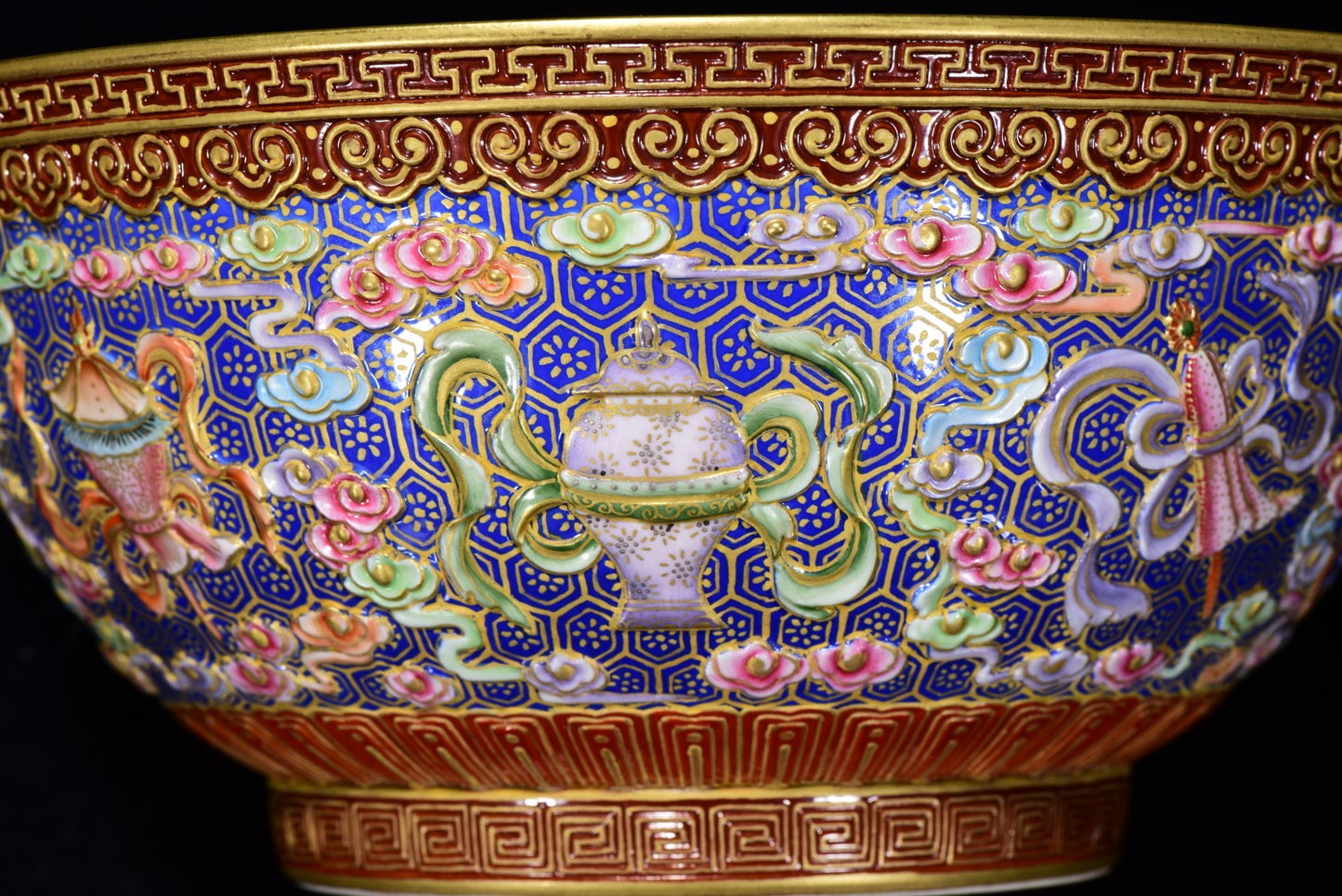 A0329 Chinese Gilt Gold Low Relief Famille Rose Eight Treasures Design Bowl