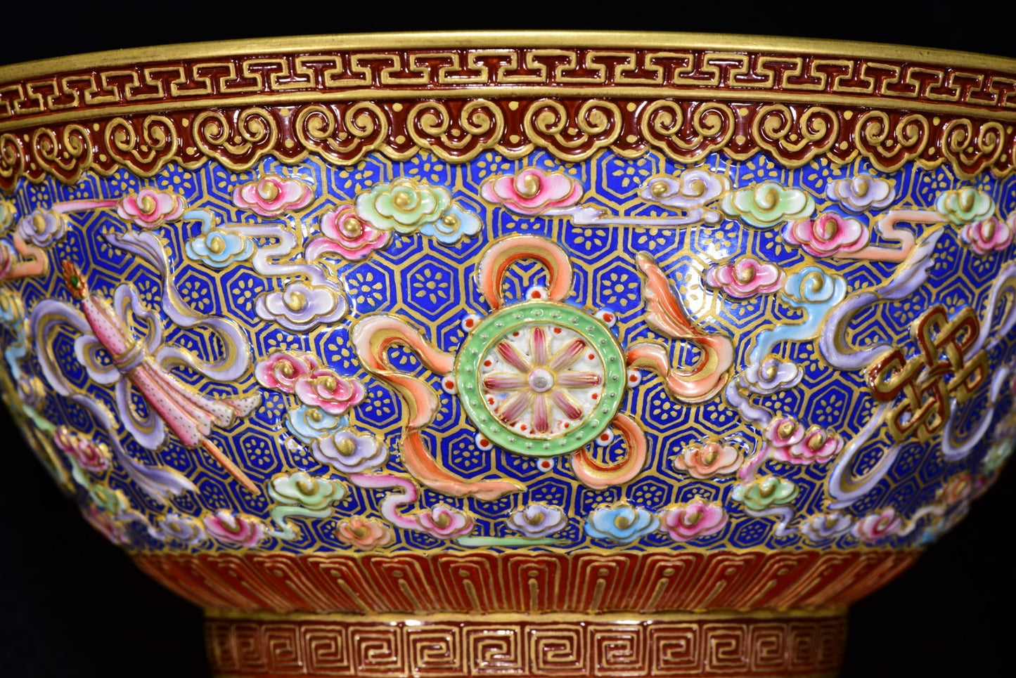 A0329 Chinese Gilt Gold Low Relief Famille Rose Eight Treasures Design Bowl