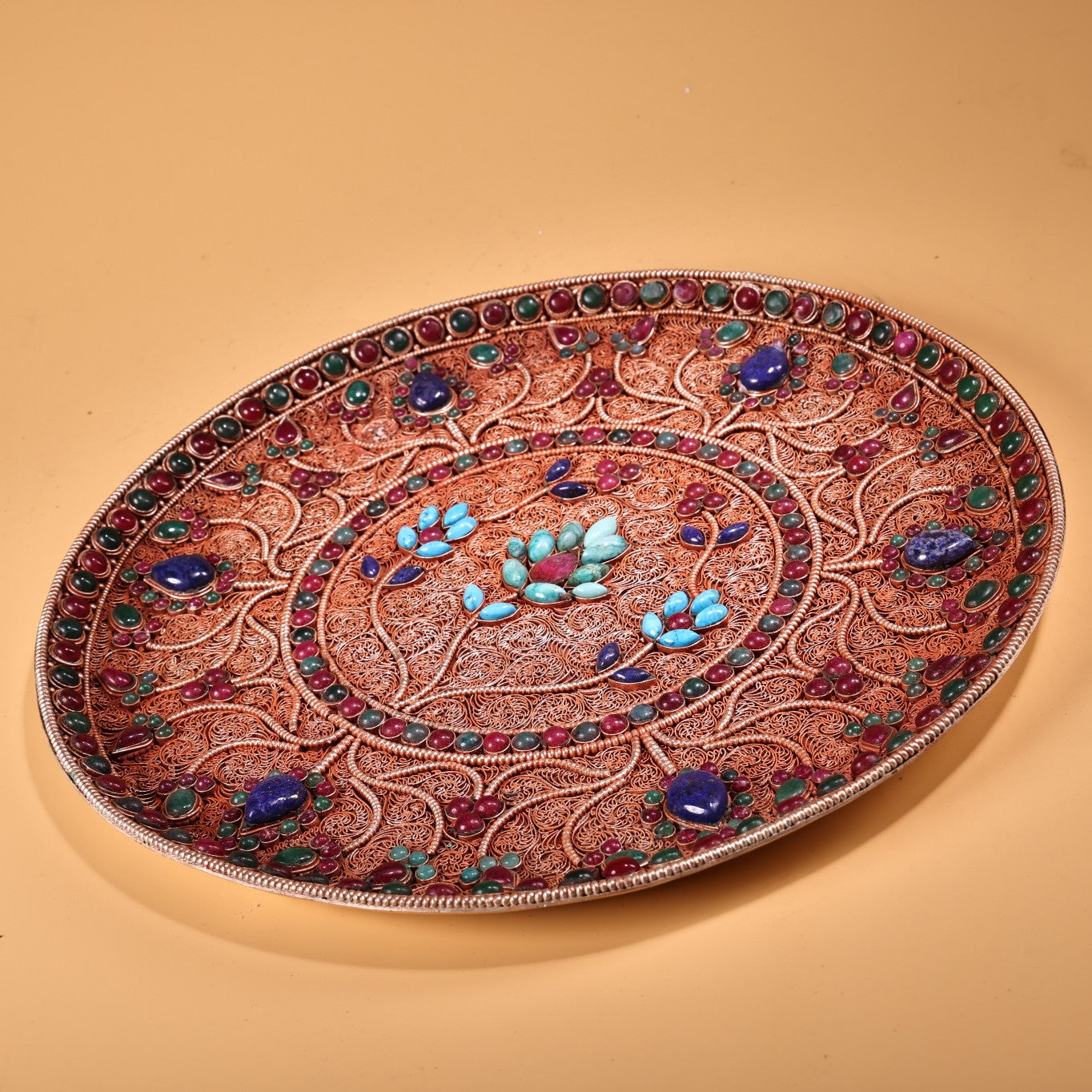 A0335 Tibetan Silver Wires Inlay Lapis Lazuli & Turquoise Flower Design Plate