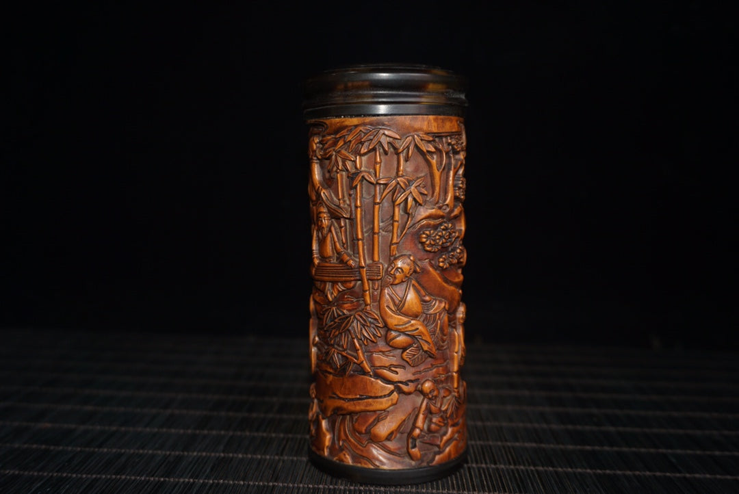 A0336 Old Chinese Boxwood Wood Low Relief Bamboo & Figure Design Tea Caddy