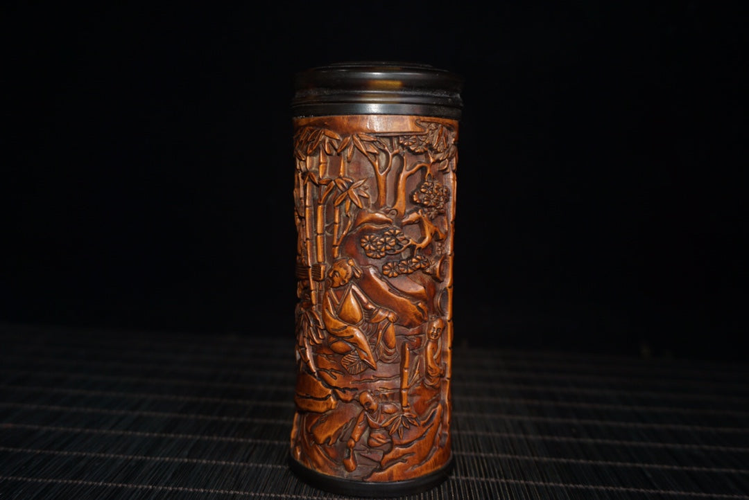 A0336 Old Chinese Boxwood Wood Low Relief Bamboo & Figure Design Tea Caddy