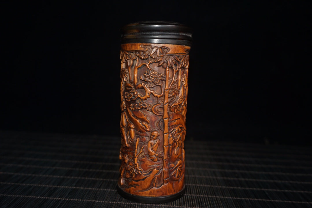 A0336 Old Chinese Boxwood Wood Low Relief Bamboo & Figure Design Tea Caddy