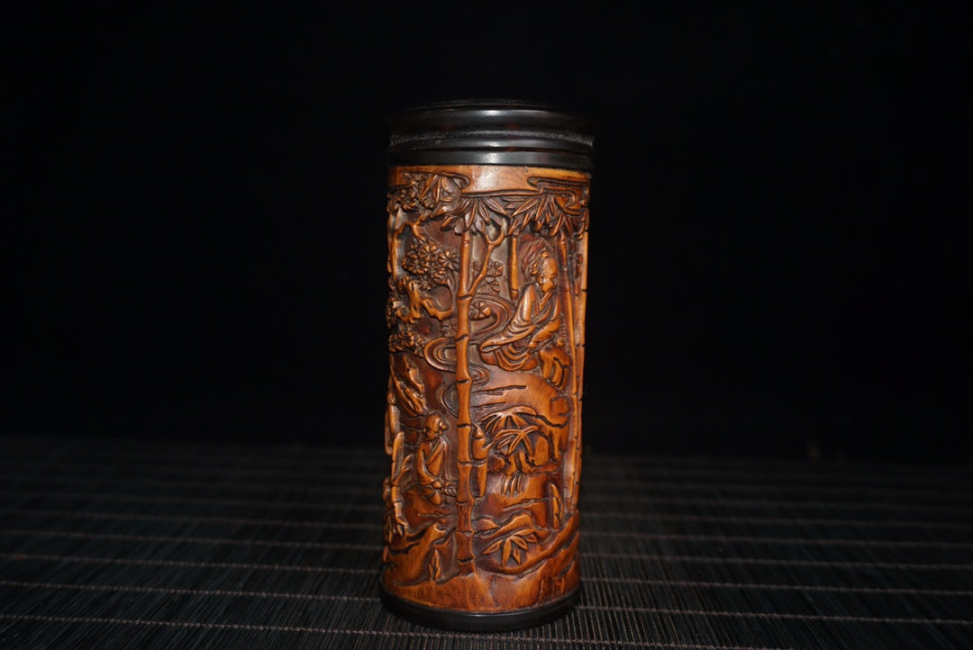 A0336 Old Chinese Boxwood Wood Low Relief Bamboo & Figure Design Tea Caddy