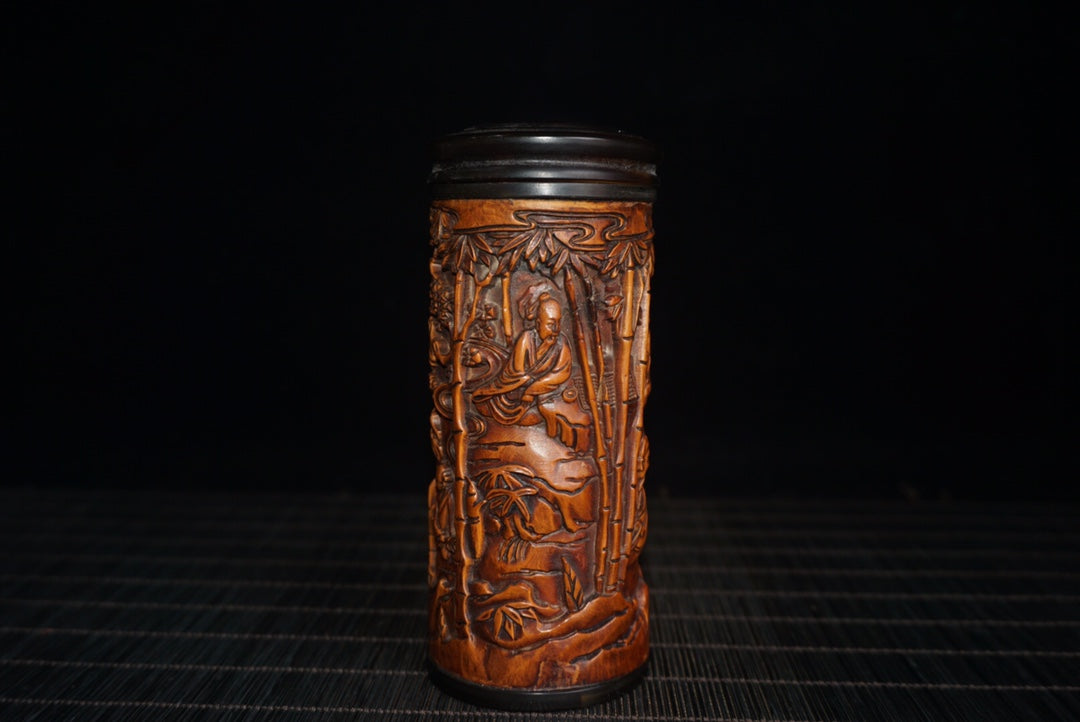 A0336 Old Chinese Boxwood Wood Low Relief Bamboo & Figure Design Tea Caddy