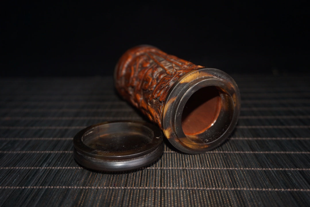 A0336 Old Chinese Boxwood Wood Low Relief Bamboo & Figure Design Tea Caddy