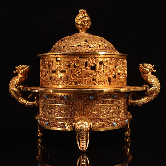 A0341 Openwork Vintage Chinese Gilt Gold Copper Inlay Turquoise Chi Dragon Double Ears Incense Burner