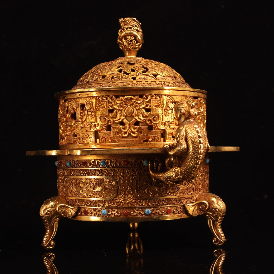 A0341 Openwork Vintage Chinese Gilt Gold Copper Inlay Turquoise Chi Dragon Double Ears Incense Burner