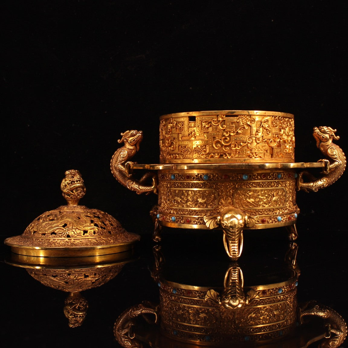 A0341 Openwork Vintage Chinese Gilt Gold Copper Inlay Turquoise Chi Dragon Double Ears Incense Burner