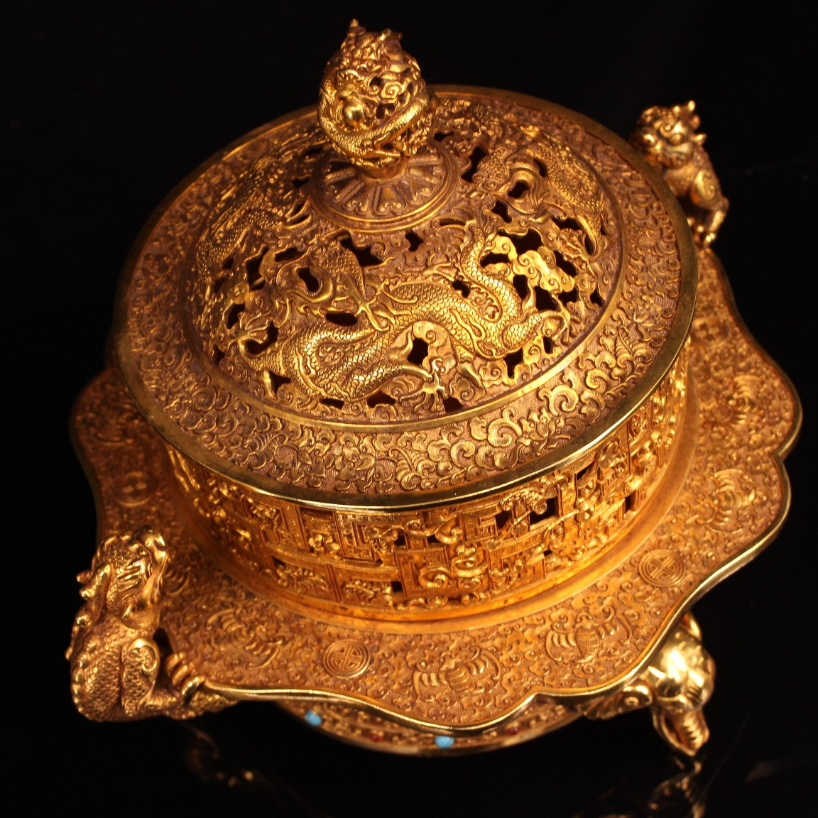 A0341 Openwork Vintage Chinese Gilt Gold Copper Inlay Turquoise Chi Dragon Double Ears Incense Burner