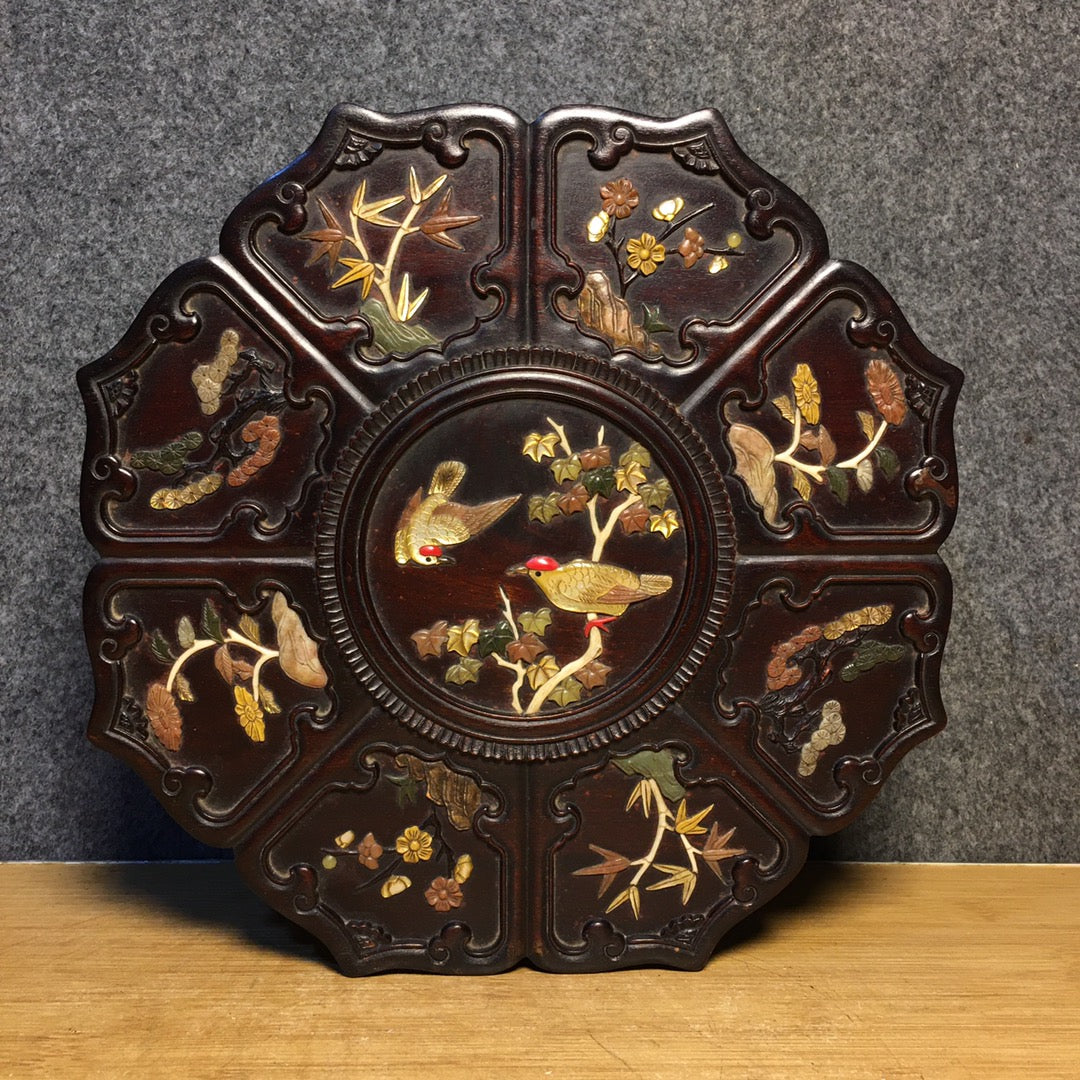 A0343 Vintage Chinese Zitan Wood Inlay Shell & Shoushan Stone Flower Bird Design Jewellery Box