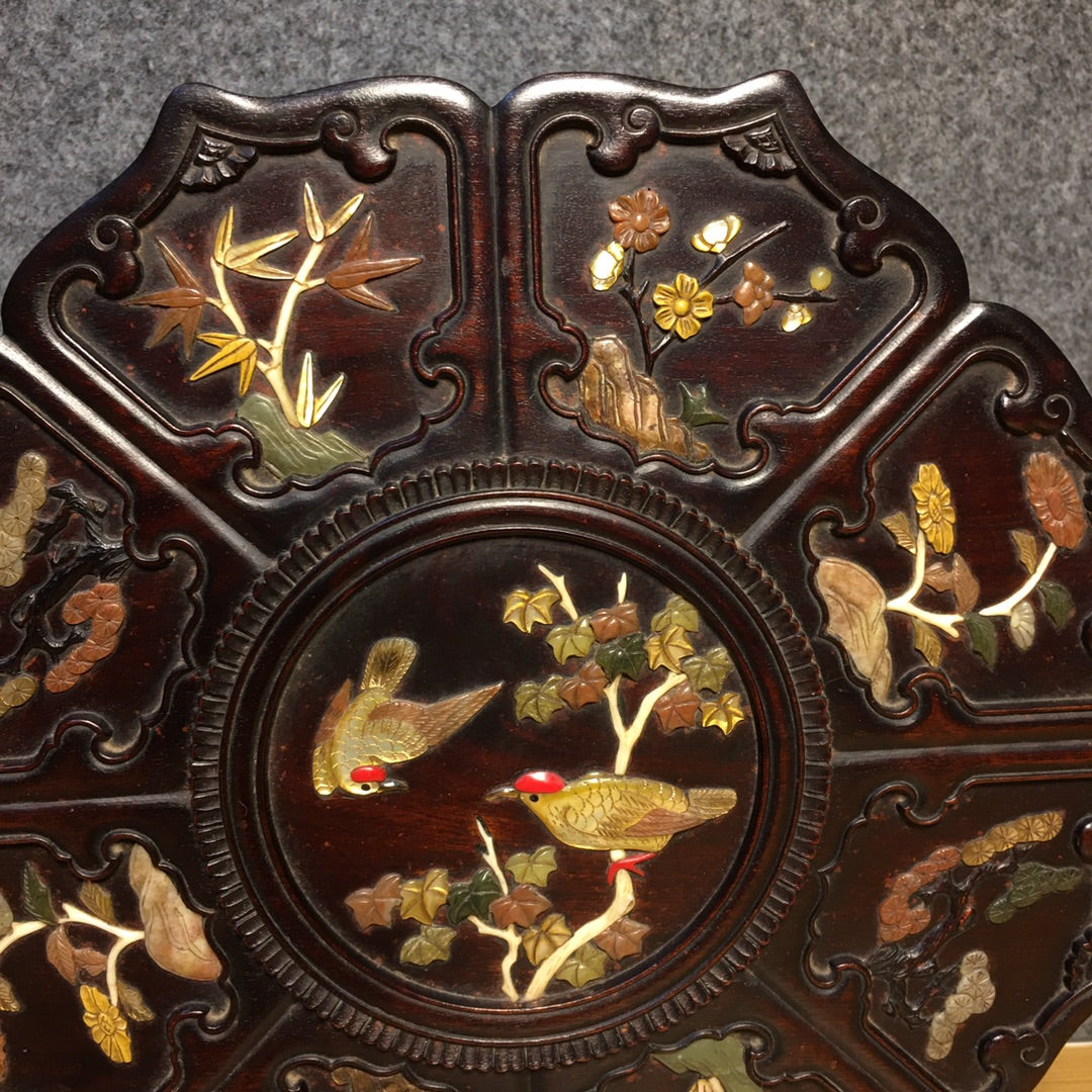 A0343 Vintage Chinese Zitan Wood Inlay Shell & Shoushan Stone Flower Bird Design Jewellery Box