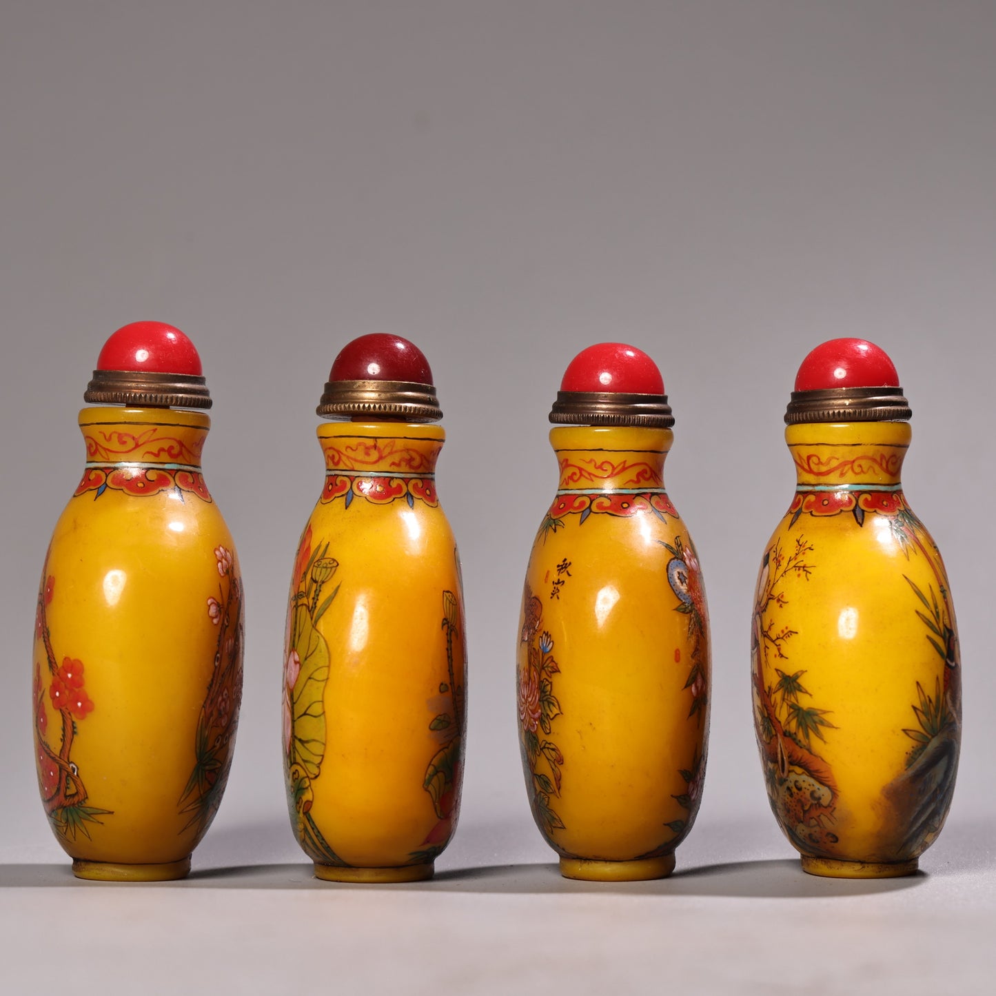 A0348 A Set Four Old Chinese Yellow Peking Glass Flower Bird Design Snuff Bottle