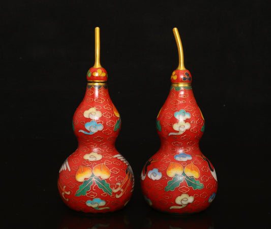 A0351 A Pair Vintage Chinese Gilt Gold Bronze Cloisonne Gourd Bottle