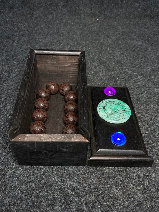 A0353 Chinese Zitan Wood Beads Beaclet w Wood Inlay Gem Box