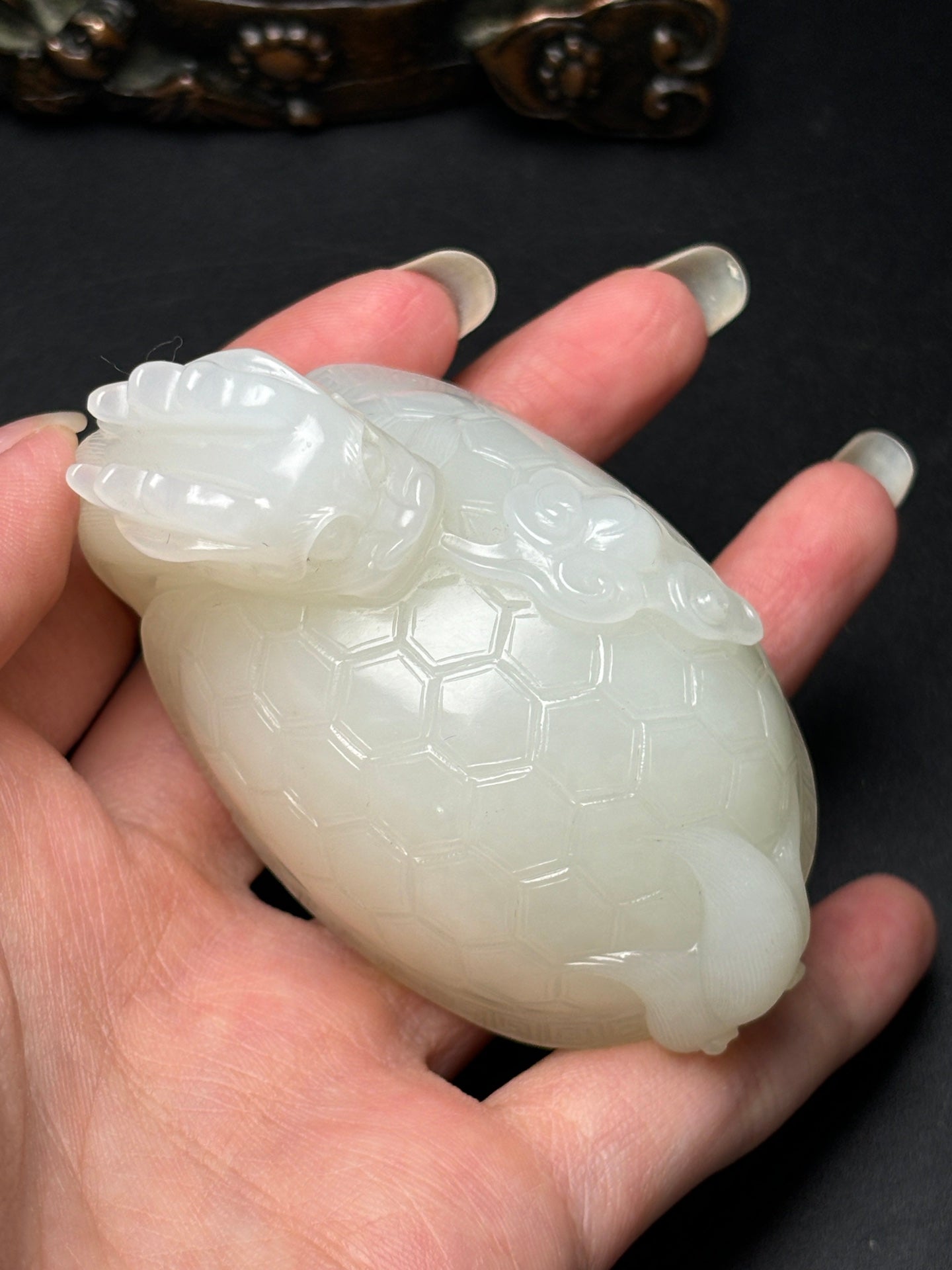 A0355 High Quality Chinese Natural White Hetian Jade Carved Dragon Turtle Statue