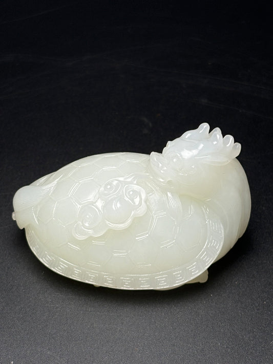 A0355 High Quality Chinese Natural White Hetian Jade Carved Dragon Turtle Statue