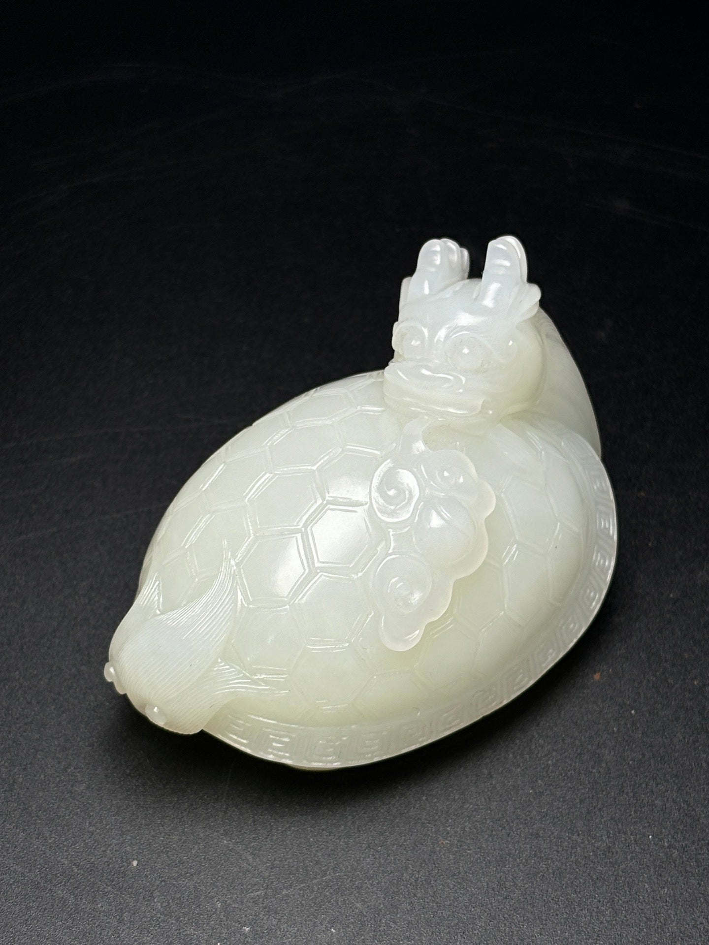 A0355 High Quality Chinese Natural White Hetian Jade Carved Dragon Turtle Statue