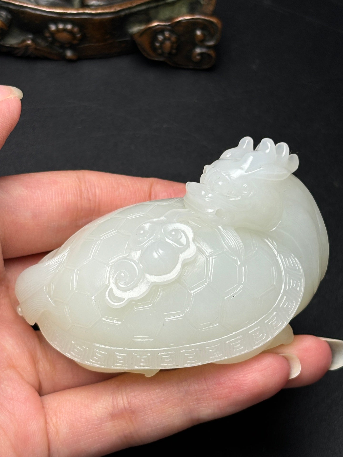 A0355 High Quality Chinese Natural White Hetian Jade Carved Dragon Turtle Statue