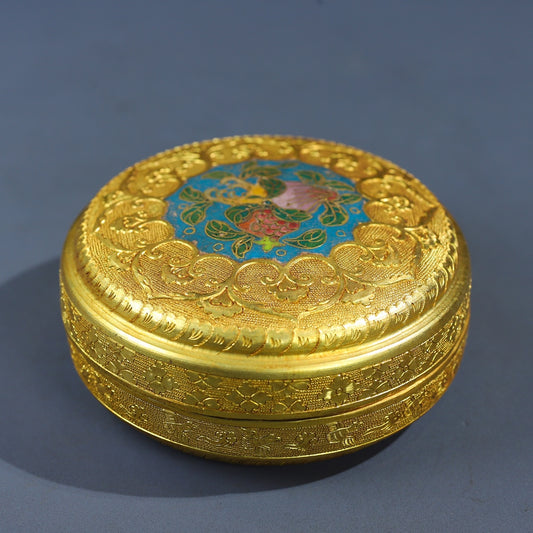 A0356 Vintage Chinese Gilt Gold Bronze Cloisonne Flower Design Jewellery Box