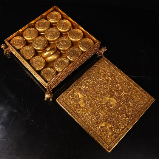 A0358 A Set Vintage Chinese Gilt Gold Copper Chess w Low Relief Lion Design Box