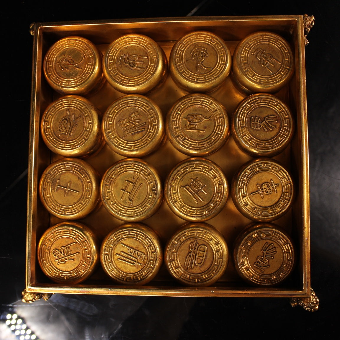 A0358 A Set Vintage Chinese Gilt Gold Copper Chess w Low Relief Lion Design Box