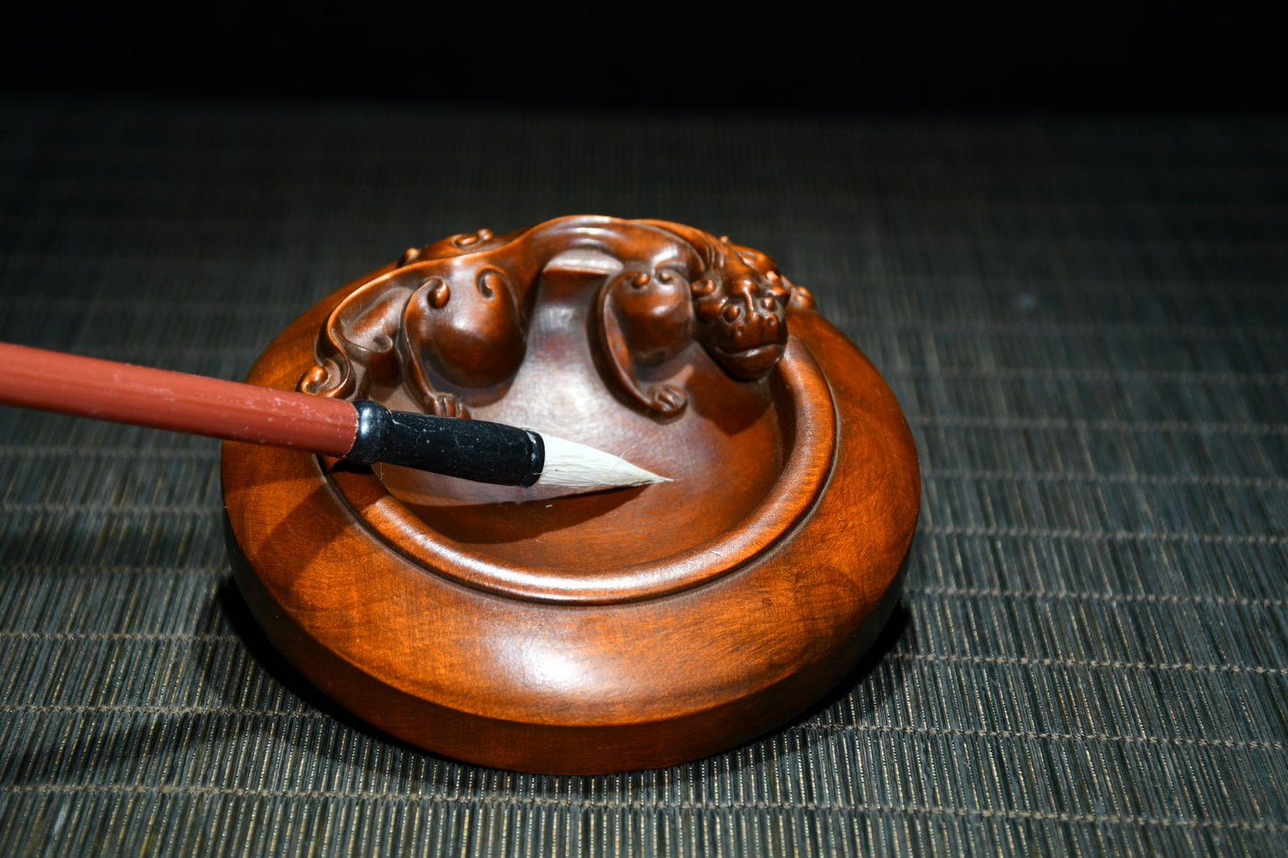 A0361 Chinese Boxwood Wood Carved Chi Dragon Brush Washer