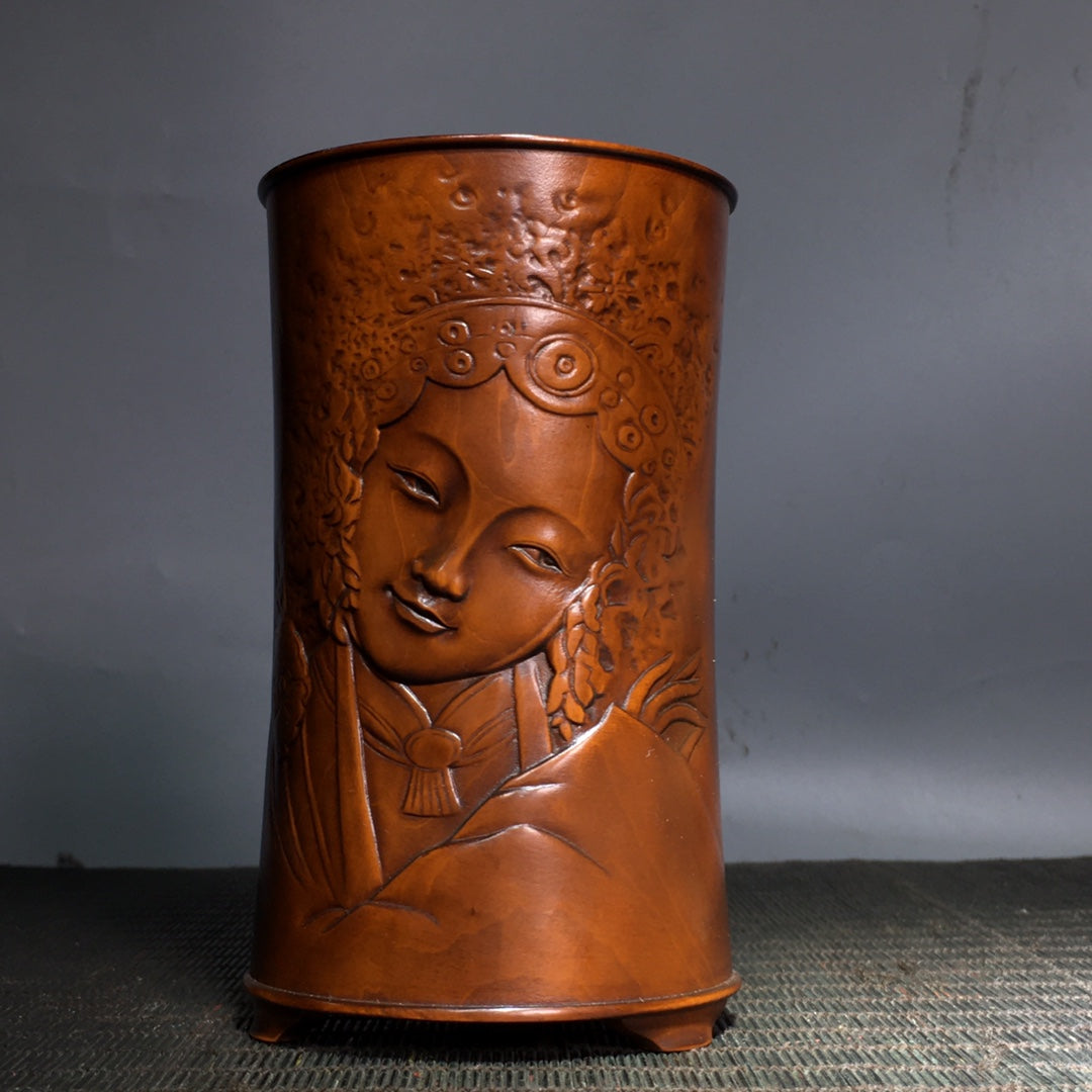 A0363 Old Chinese Boxwood Wood Carved Figure Brush Pot