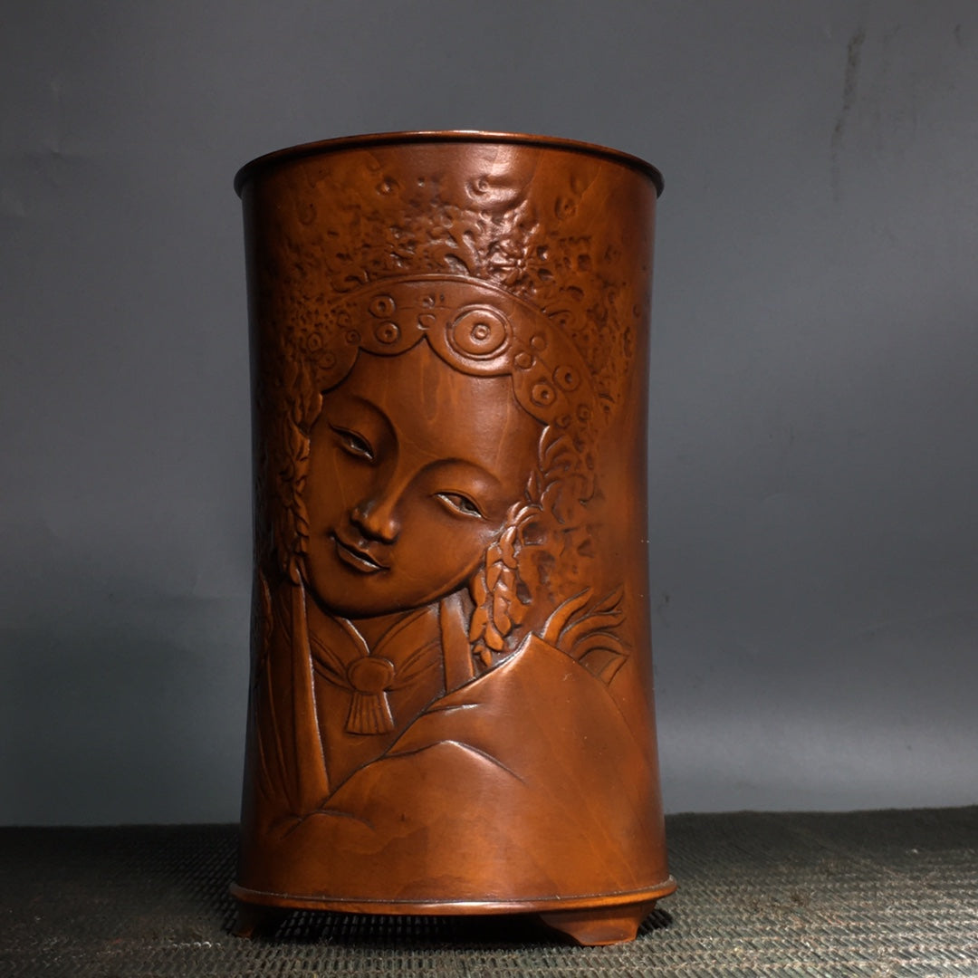 A0363 Old Chinese Boxwood Wood Carved Figure Brush Pot