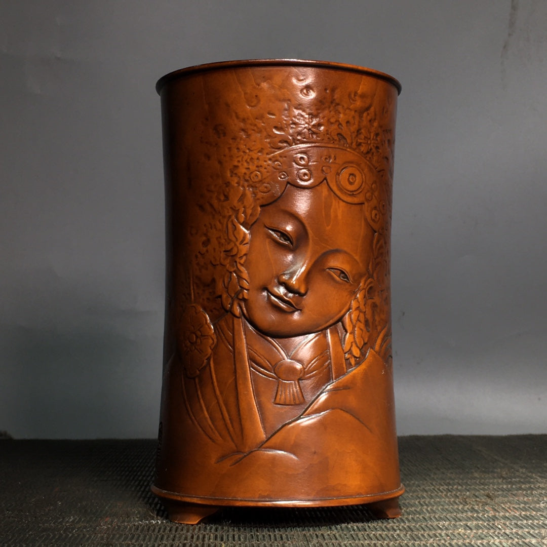 A0363 Old Chinese Boxwood Wood Carved Figure Brush Pot