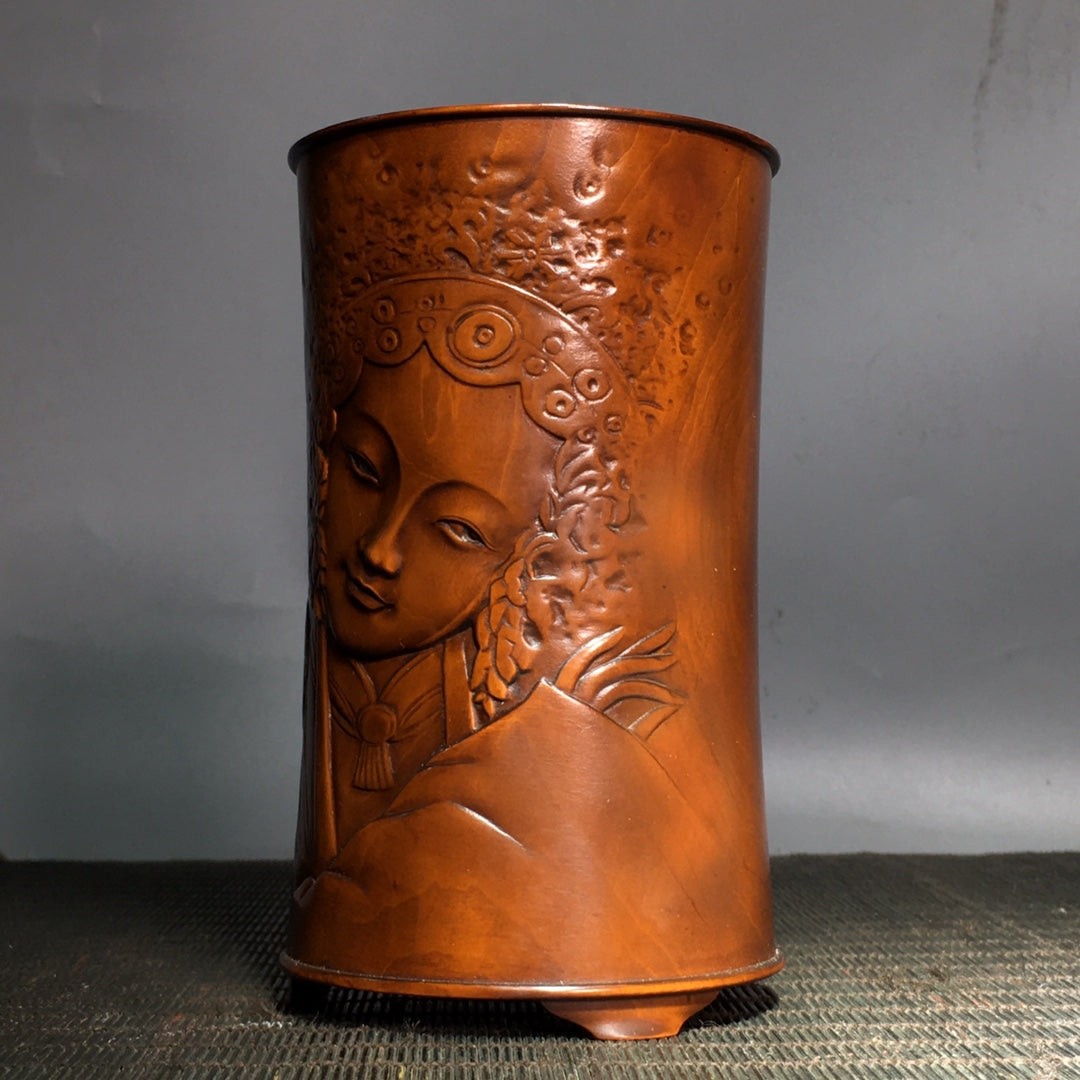 A0363 Old Chinese Boxwood Wood Carved Figure Brush Pot