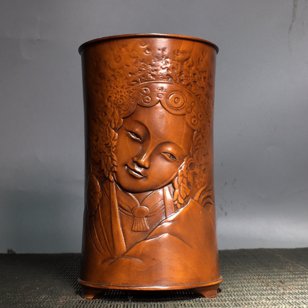 A0363 Old Chinese Boxwood Wood Carved Figure Brush Pot