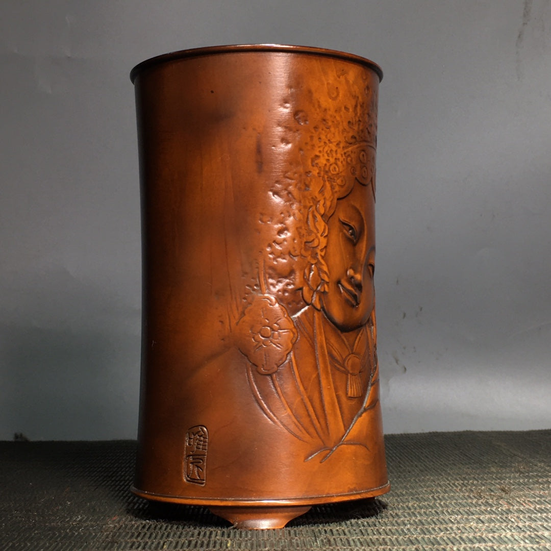 A0363 Old Chinese Boxwood Wood Carved Figure Brush Pot