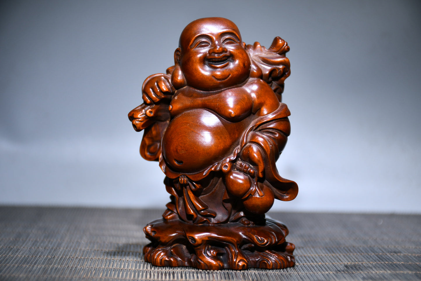 A0364 Chinese Boxwood Wood Carved Laughing Buddha Statue