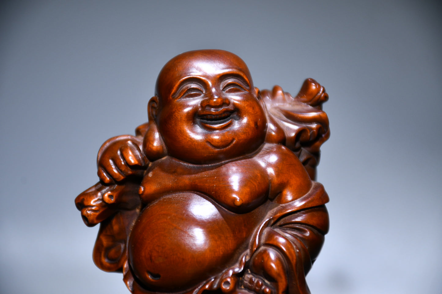 A0364 Chinese Boxwood Wood Carved Laughing Buddha Statue