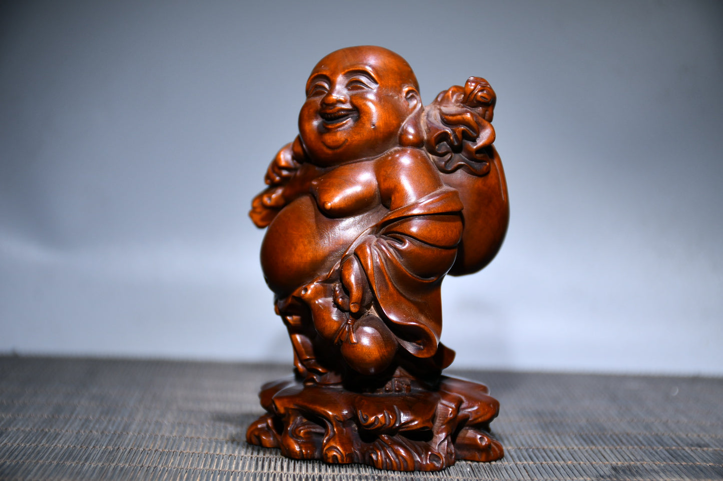 A0364 Chinese Boxwood Wood Carved Laughing Buddha Statue